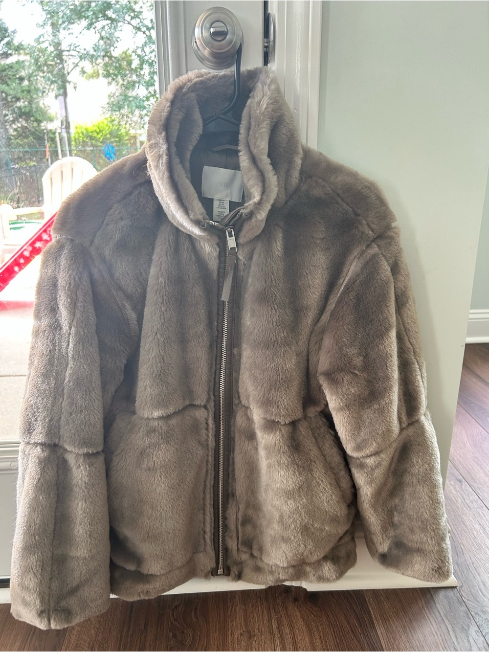 H&M Plush Faux Fur Jacket in Taupe